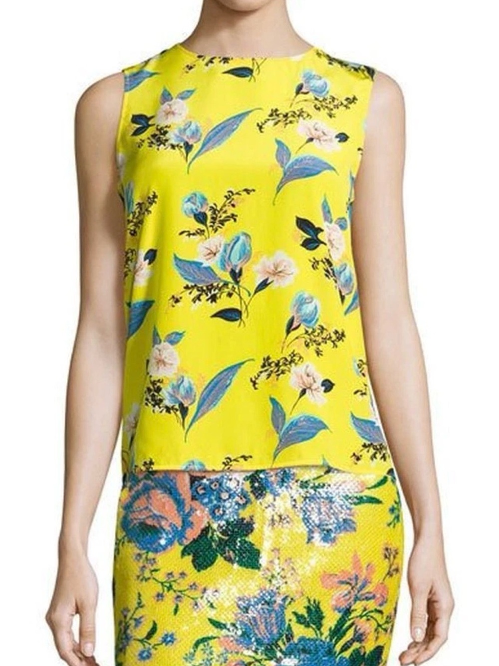 Diane von Furstenberg Yellow & Blue Floral Sleeveless Silk Top Blouse Small $178